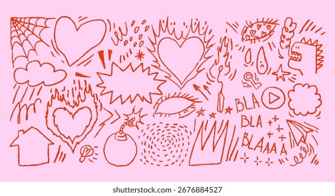  Kreide-Doodle-Set mit Herzen, Comic-Skizzen, verspielten Symbolen in Rot. Crayon zeichnete romantische Cartoon-Elemente für Punk Valentinstag.