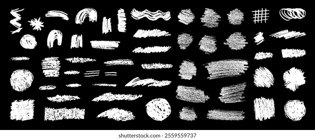 Chalk doodle set. Pencil scribble texture collection. Vector charcoal brush strokes. Naive hand-drawn kids crayon textures, lines, highlights, underlines. Abstract white chalk draings on blackboard bg