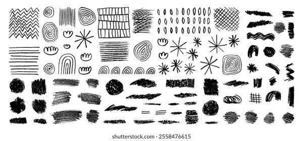 Chalk doodle sketch set. Pencil scribble winter texture pack. Vector charcoal brush strokes. Hand-drawn kids crayon snowflakes, stars, clouds, rainbows. Abstract black charcoal highlights on white bg
