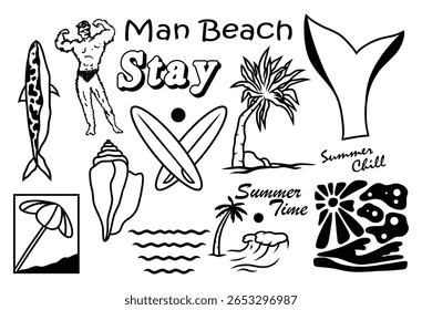 Chalk doodle tattoo style vector illustrations set. Creative summer print, label, cover. Ink hand drawn design elements. Sea vacation collection for invitation to beach party, picnic or save the date