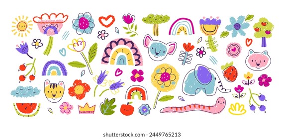 Chalk doodles, flowers and animals. Cute children's drawings with chalk or pencil. Baby hand drawn design for textile, posters, cards. Vector set illustration