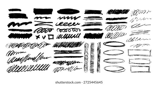 Chalk doodles and lines set. Doodles with grunge textures of pastel, charcoal, and drybrush. Underlines, scribbles, abstract swirls. A collection of design elements. Vector illustration.