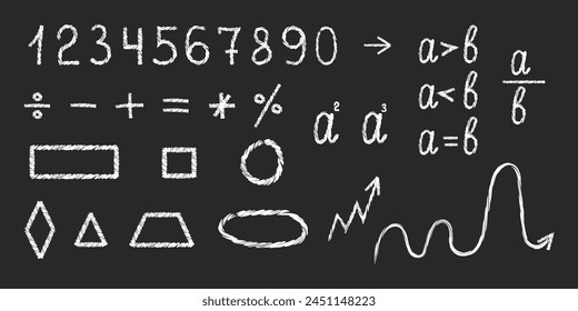 Tiza garabatos, números de 0 a 9. Expresiones matemáticas, figuras geométricas, fracciones con tiza o lápiz. Diseño dibujado a mano del bebé para los textiles, carteles, postales. conjunto de Ilustraciones vectoriales