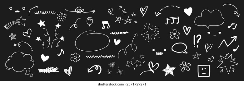 Chalk doodles on a blackboard. Doodles include stars, hearts, arrows, and clouds. Whimsical doodles in white chalk. Hand drawn vector set.