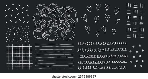 Chalk doodles on blackboard. Scribbles, hearts, lines, patterns. Hand-drawn style. Chalk patterns, doodles, lines, hearts. Blackboard art, chalk scribbles. Doodle patterns, vector set.