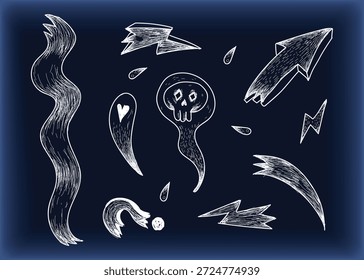 Chalk doodles on a dark background featuring arrows, a skull, and abstract shapes. Sketchy, hand-drawn style with playful, whimsical elements. Illustration deign element vector.