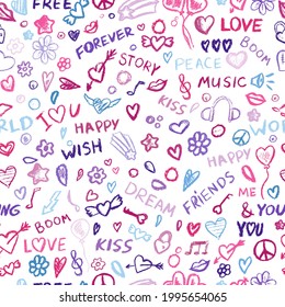 Chalk Doodles pattern. Colorful chalk icons collection. Different chalk children drawing shapes print. Wax Crayons freehand drawn doodle print. Color doodles crayon hearts, stars, lettering, text.