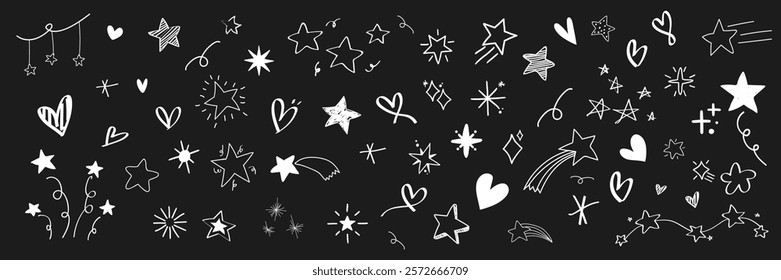 Chalk doodles of stars and hearts on a black background. Stars and hearts vary in size and style. Whimsical stars and hearts create a playful pattern. Hand drawn vector set.