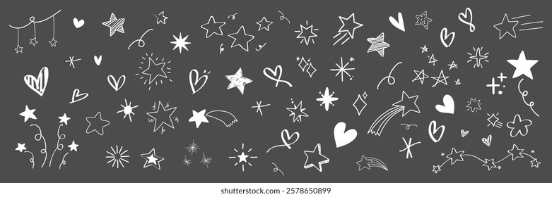 Chalk doodles of stars and hearts on a dark background. Stars and hearts in various styles. Playful stars and hearts for creative designs. Hand drawn vector set.