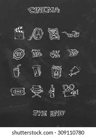 Chalk draw cinema icon set. Clap board, tape, frame, glasses, adult video, full hd, 4K, 3D, tickets to cinema, popcorn, vhs. The end sign. Cinema sign. Vector stock illustration