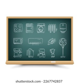 Chalk draw energy-consuming icons on blackboard with shadow on white background. Chalkboard drawing electric household appliances for education in school