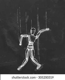 Chalk draw marionette on ropes. Vector illustration.