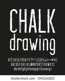 Chalk Drawing Alphabet Font. Hand Drawn Narrow Uppercase And Lowercase Letters, Numbers And Punctuations. Stock Vector Typescript For Your Design.