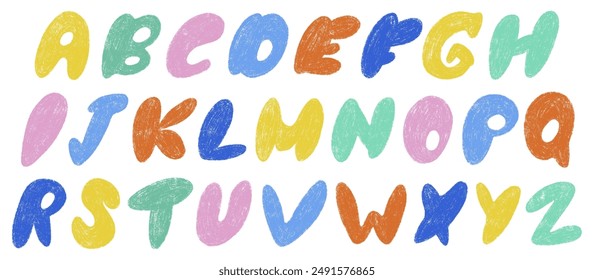 Chalk drawing alphabet. Kids pencil textured letters. Freehand pastel childish hand drawn set. ABC school paintbrush doodle collection. Isolated vector illustration