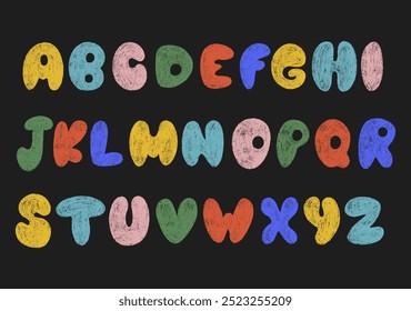 Chalk drawing alphabet. Kids pencil textured letters, numbers, symbols. Freehand pastel childish hand drawn set. ABC school paintbrush doodle collection. Isolated vector illustration