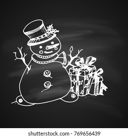 Chalk Drawing Artistic Christmas Doodle Icon. Funny Snowman with Presents. New Year Vintage Design for Christmas Card or Invitation on Chalkboard