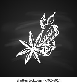 Chalk Drawing Artistic Christmas Doodle Icon. Spices for Mulled Wine. New Year Vintage Design for Christmas Card or Invitation on Chalkboard