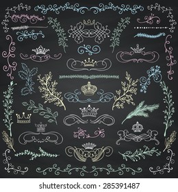 Chalk Drawing Artistic Colorful Doodle Design Elements. Decorative Floral Crowns, Dividers, Branches, Swirls, Wreaths. Vintage Hand Sketched Vector Illustration. Chalkboard Texture. Pattern Brushes