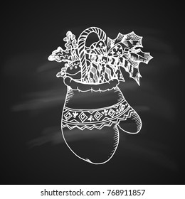 Chalk Drawing Artistic Doodle Icon. Christmas Mitten. New Year Vintage Design for Christmas Card or Invitation on Chalkboard