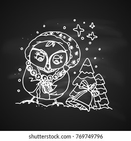 Chalk Drawing Artistic Doodle Icon. Christmas Owl. New Year Vintage Design for Christmas Card or Invitation on Chalkboard