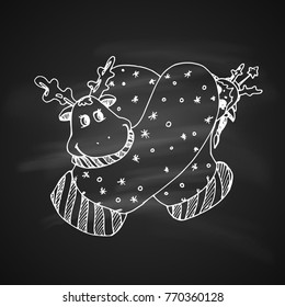 Chalk Drawing Artistic Doodle Icon. Christmas Mittens in form Deer. New Year Vintage Design for Christmas Card or Invitation on Chalkboard