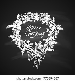 Chalk Drawing Artistic Doodle Icon. Christmas Greeting Wreath. New Year Vintage Design for Christmas Card or Invitation on Chalkboard