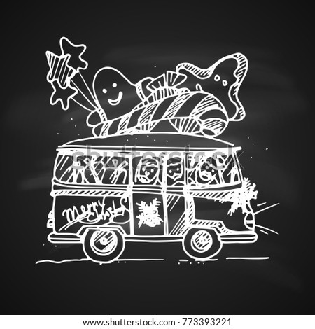 Chalk Drawing Artistic Doodle Icon. Christmas Bus with Gifts. New Year Vintage Design for Christmas Card or Invitation on Chalkboard