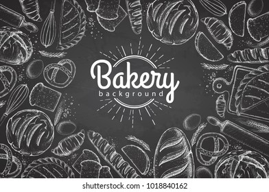 Chalk Drawing Bakery Background. Top View Of Bakery Products