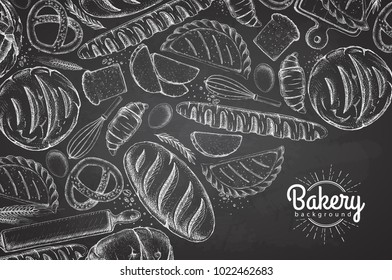 Chalk drawing Bakery background. Top view of bakery products