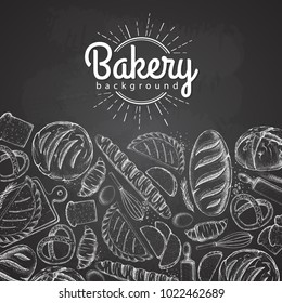 Chalk drawing Bakery background. Top view of bakery products