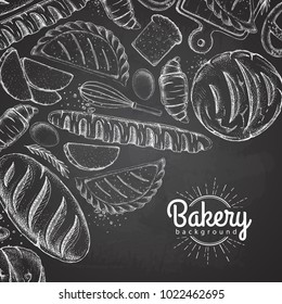 Chalk drawing Bakery background. Top view of bakery products