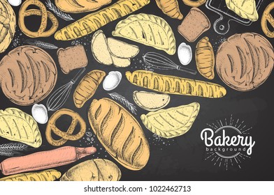 Chalk drawing Bakery background. Top view of bakery products