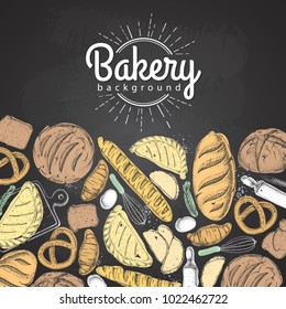 Chalk drawing Bakery background. Top view of bakery products
