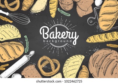 Chalk drawing Bakery background. Top view of bakery products