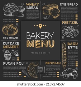 Chalk drawing bakery restaurant menu design with hand drawing different kinds of bread. Vector illustration