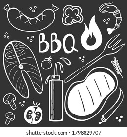 Chalk drawing bbq doodle set. Hand drawn modern barbeque cooking food collection, meat, vegetables and tools for grill party, vector illustration for restaurant cafe menus poster design elements