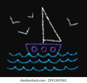 Chalk drawing of boat on sea water. Ocean waves, ship with white sail and birds on blackboard. Doodle sketch of sailboat on water drawn with color crayons, vector illustration