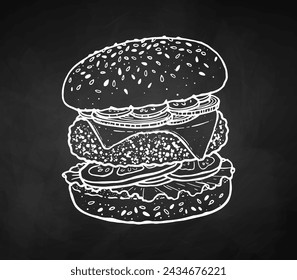 Chalk drawing of burger sandwich fast food meal with cutlet and cheese. Vector illustration on chalkboard background.