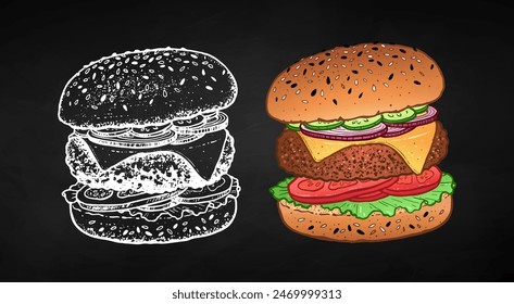 Dibujo en tiza de hamburguesa sándwich comida rápida con chuleta y queso. colección de Ilustración vectorial sobre fondo de pizarra.