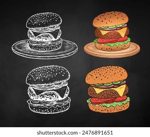 Chalk drawing of burger sandwich fast food meal with cutlet and cheese. Vector illustration collection on chalkboard background.