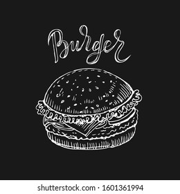 Chalk drawing of a Burger Sandwich and lettering. Hand drawn blackboard menu. 