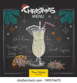 Chalk drawing christmas menu design. Cocktail pina colada