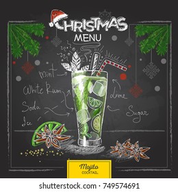 Chalk drawing christmas menu design. Cocktail mojito