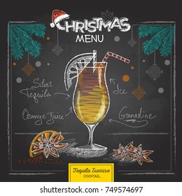 Chalk drawing christmas menu design. Cocktail tequila sunrise