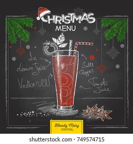 Chalk drawing christmas menu design. Cocktail bloody mary