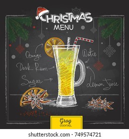 Chalk drawing christmas menu design. Cocktail grog