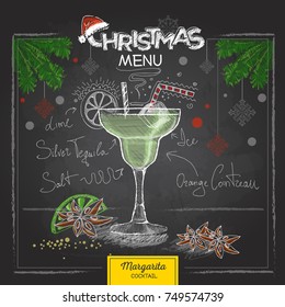 Chalk drawing christmas menu design. Cocktail margarita