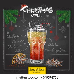 Chalk drawing christmas menu design. Cocktail long island ice te