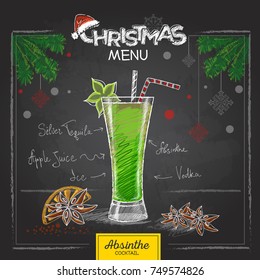 Chalk drawing christmas menu design. Cocktail absinthe