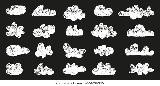 Chalk drawing clouds. White cloud icons crayon style painting, children draw naivy design. Weather nature icons, pencil doodle neoteric vector elements